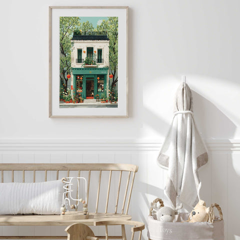 Cozy storefront watercolor wall art