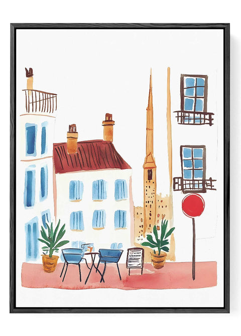 Cozy street café with chairs and plants