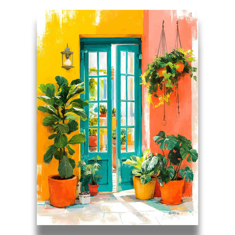 Cozy sunroom or living room wall art featuring open french doors and indoor house plants