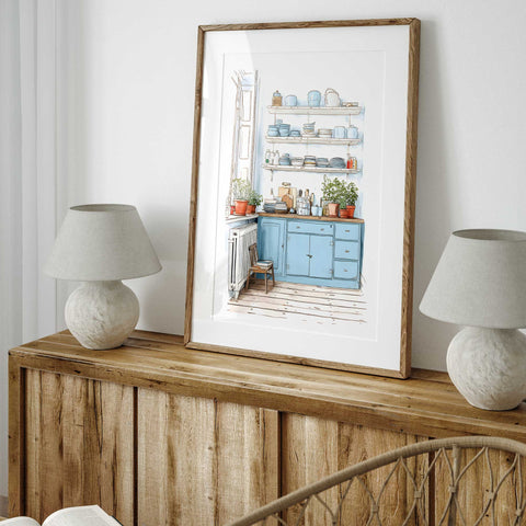 Cozy watercolor art with dishes and blue cupboards

