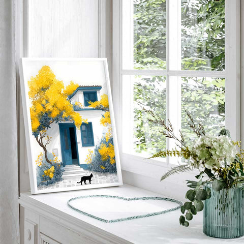 Cozy watercolor of cat near vibrant yellow foliage

