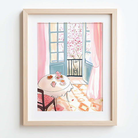 Cozy watercolor of spring morning with Paris cafe table decor

