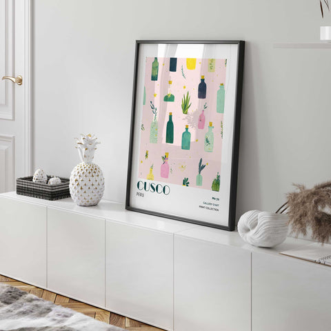 Cusco art print with hand-painted bottles and plants