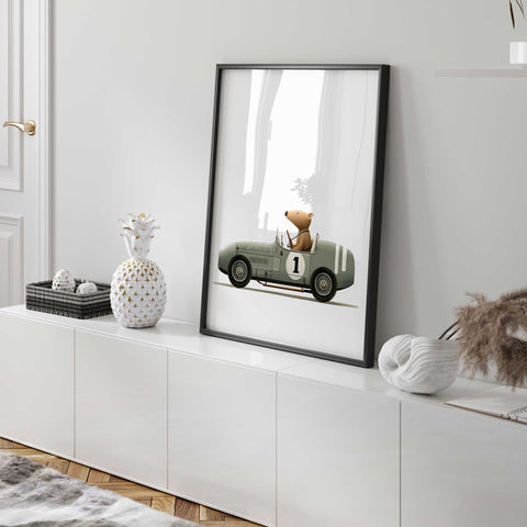 Cute bear driving car nursery wall decor