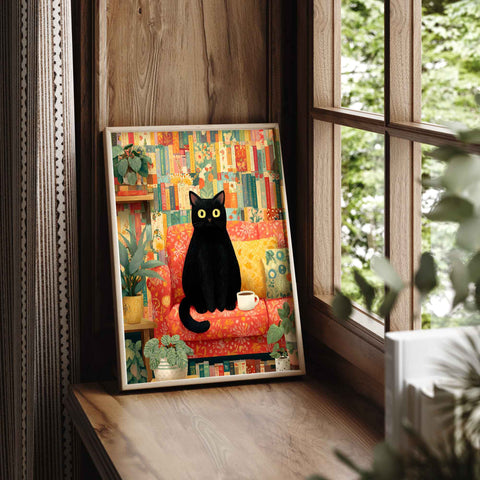 Cute cat coffee cup colorful books art