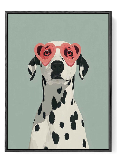 Cute dog portrait wall art with pink heart shaped glasses