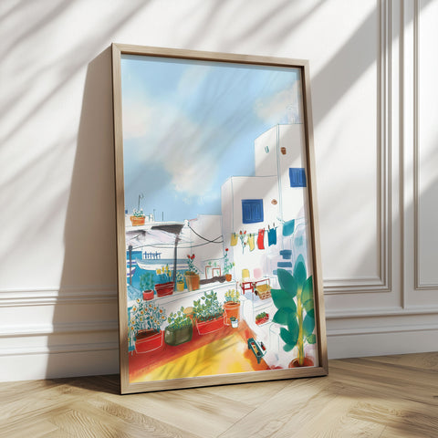 Cycladic homes watercolor print with laundry line and white walls

