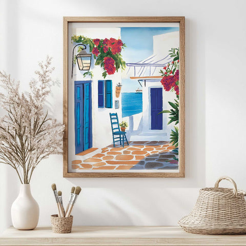Cycladic island watercolor print with hanging plants and awning

