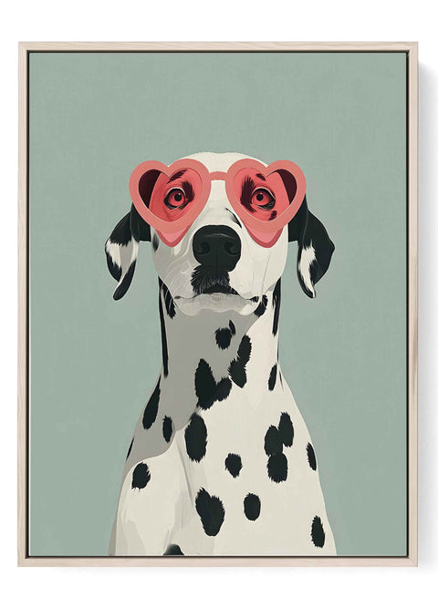 Dalmatian heart sunglasses print featuring cute spotted dog on sage background