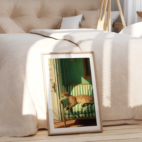 Deep emerald green and warm gold color palette in a fine art animal print.