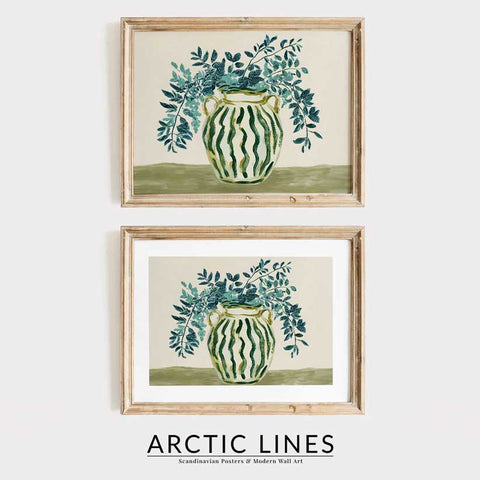 Detailed botanical drawing of lush teal stems in a rustic striped vase.