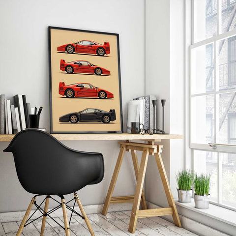 Detailed rear and front view Ferrari F40 technical illustration