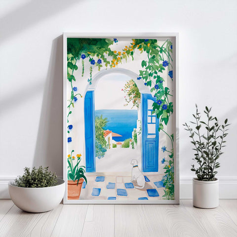 Dog sitting by ocean view in watercolor style

