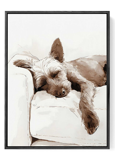 Dog sleeping on sofa watercolor illustration neutral tones