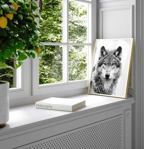 Dramatic gray wolf illustration poster