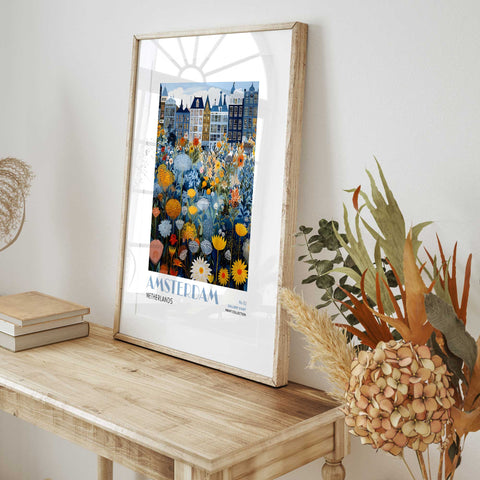 Dutch canal homes with flowers poster