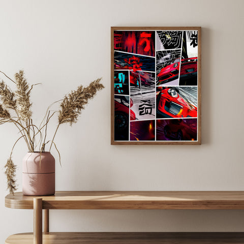 Dynamic Porsche 911 art print with Japanese comic book aesthetic