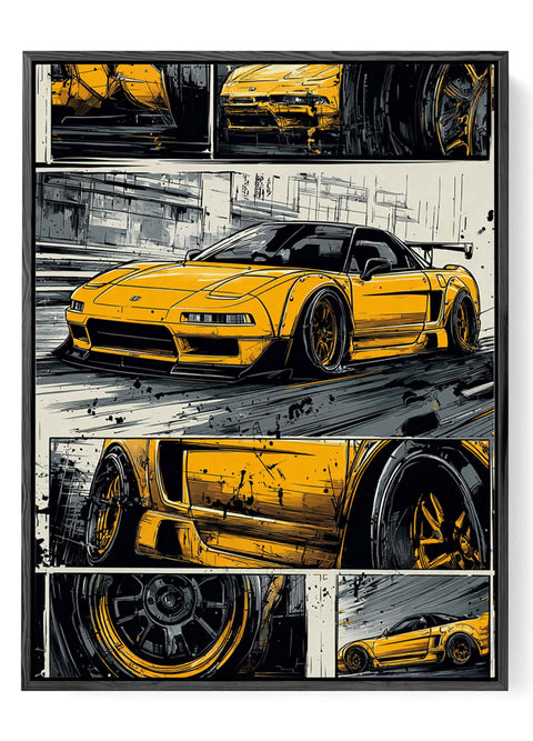 Dynamic yellow sports car art print with comic book aesthetic