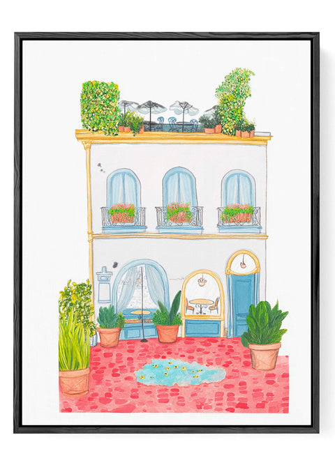 Elegant French-style café wall art with blue accents and greenery

