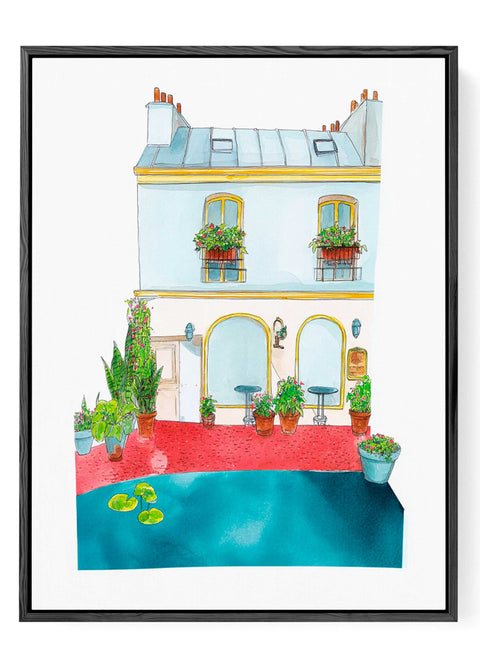 Elegant French café scene with red floor and water lilies in pond

