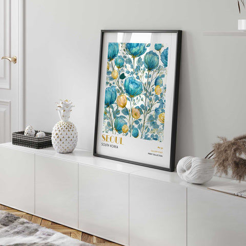 Elegant Seoul poster with gold and blue flowers