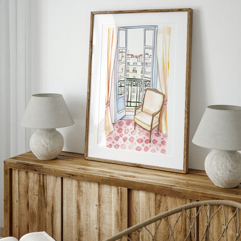 Elegant Spanish Window Watercolor – Vintage Chair Scene