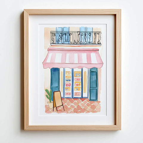 Elegant and calming city-themed art poster for a dining area or cafe.