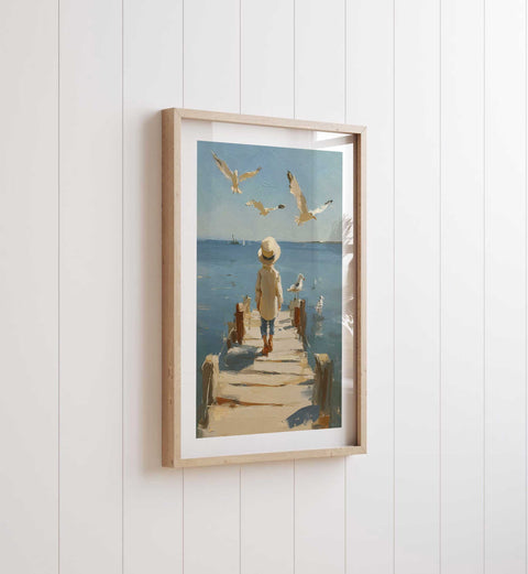 Elegant and nostalgic beach art poster for a modern home interior.