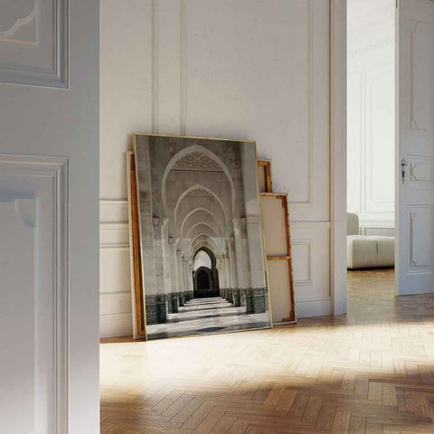 Elegant and peaceful architectural art poster for a sunlit living room.