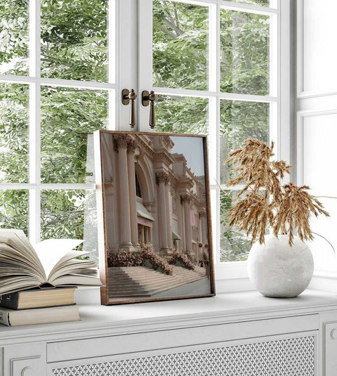 Elegant and romantic architectural art poster for a sunlit living room.