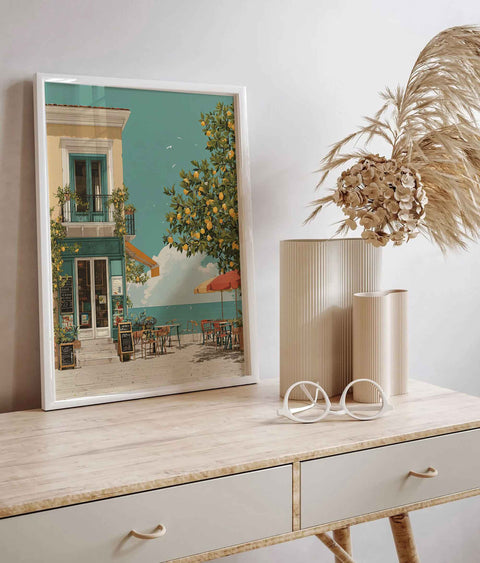 Elegant architectural coastal illustration print for modern Mediterranean or Scandi decor