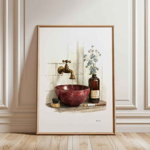 Bathroom Sink Wall Art Print - Burgundy Bowl Still Life