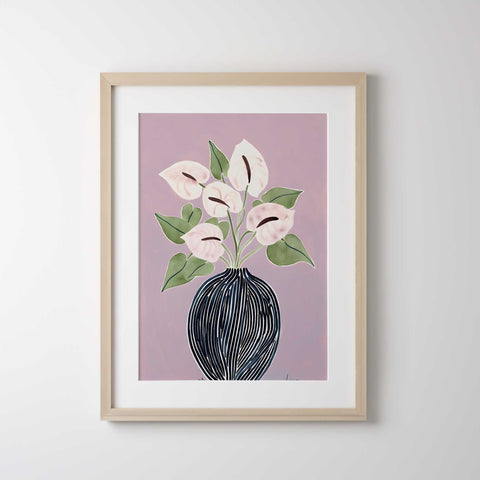 Elegant calla lily art print with green leaves and pastel background