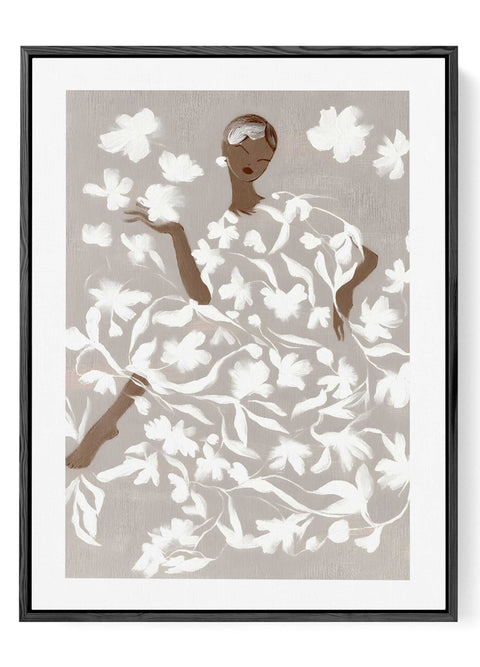 Elegant fashion illustration art print featuring woman in white floral gown