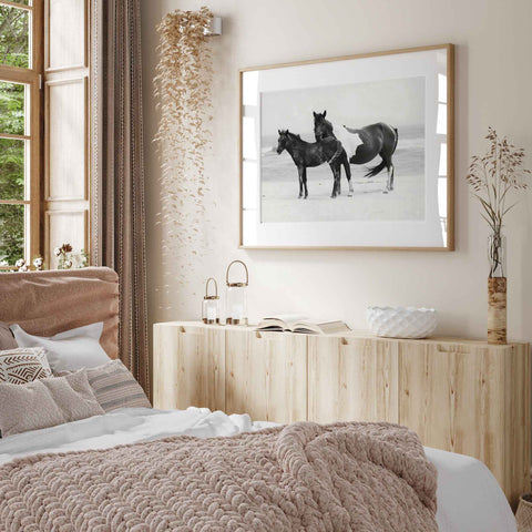 Wild Horses Beach Photography Art Print – Mare and Foal Coastal Equine Poster