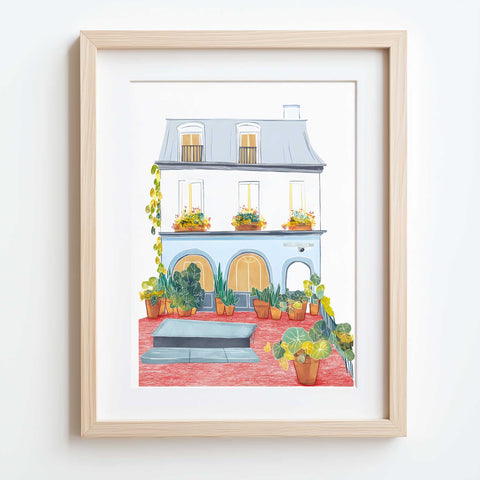 Elegant watercolor art of a Paris courtyard with floral accents

