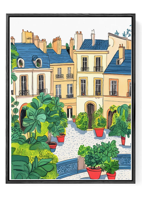 Elegant watercolor rooftops and garden in Paris courtyard scene


