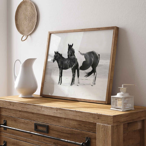 Wild Horses Beach Photography Art Print – Mare and Foal Coastal Equine Poster