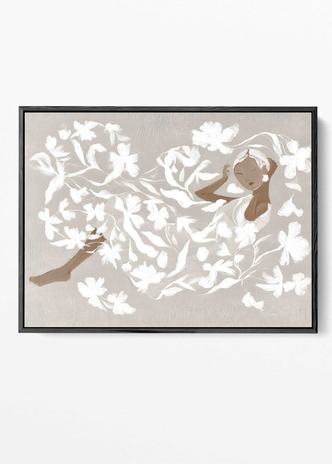 Ethereal floral dream art print with a woman floating among white flowers.