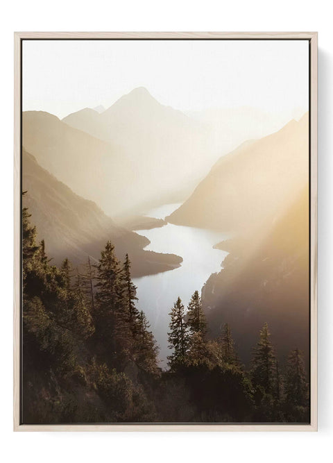 Ethereal mountain lake photography print with golden hour sunlight.