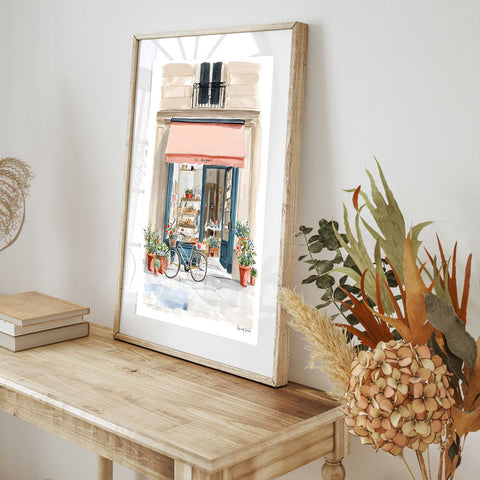 European bakery storefront watercolor illustration