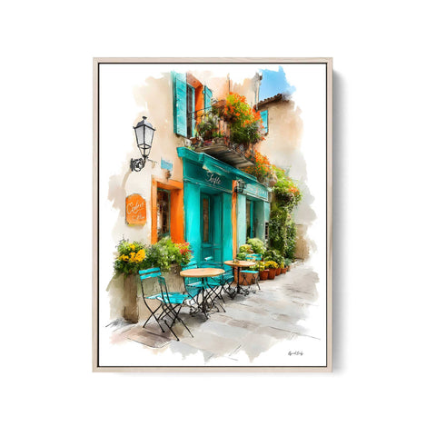 European café outdoor seating watercolor print