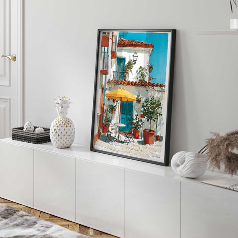 European courtyard watercolor print home decor