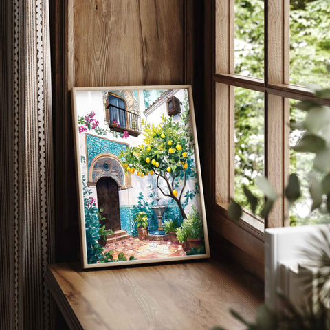 European courtyard watercolor wall art