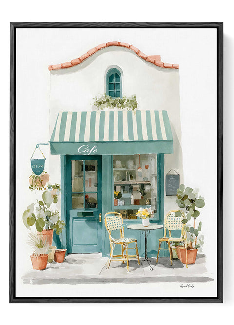 European street cafe illustration featuring outdoor bistro table and chairs
