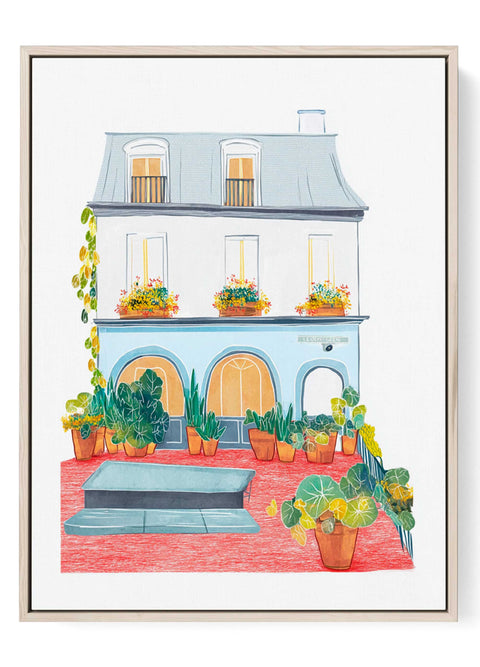 European townhouse watercolor print with red brick courtyard and planters

