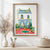 European watercolor print with café pond and natural elements