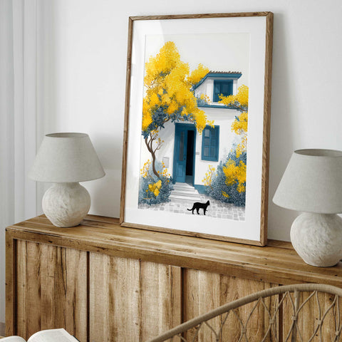 Fall-inspired watercolor with a black cat outside

