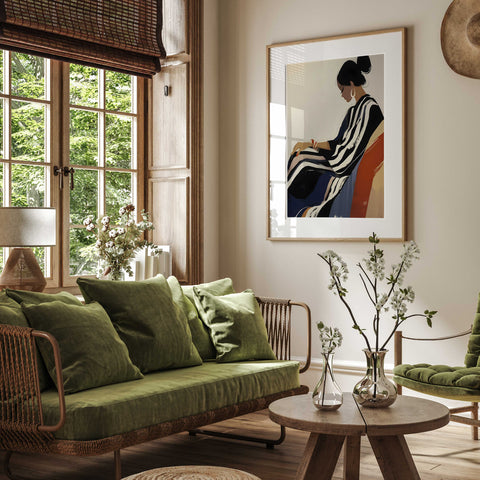 Fashion-inspired poster with bold lines and a neutral background.