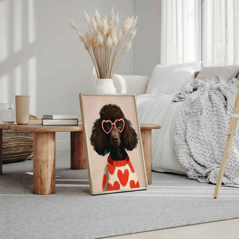 Fashionable pet illustration with dark brown curly fur and heart glasses